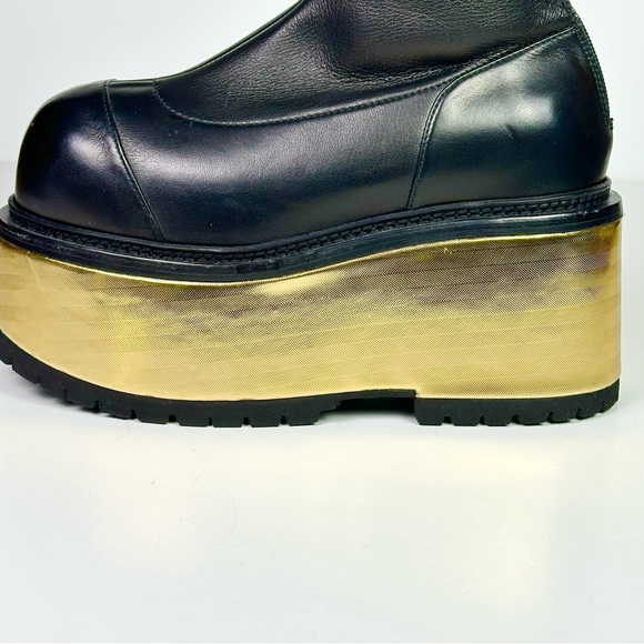 Balmain Black Leather & Gold Mettalic Platform Ankle Boots Women’s NEW - Picture 6 of 12